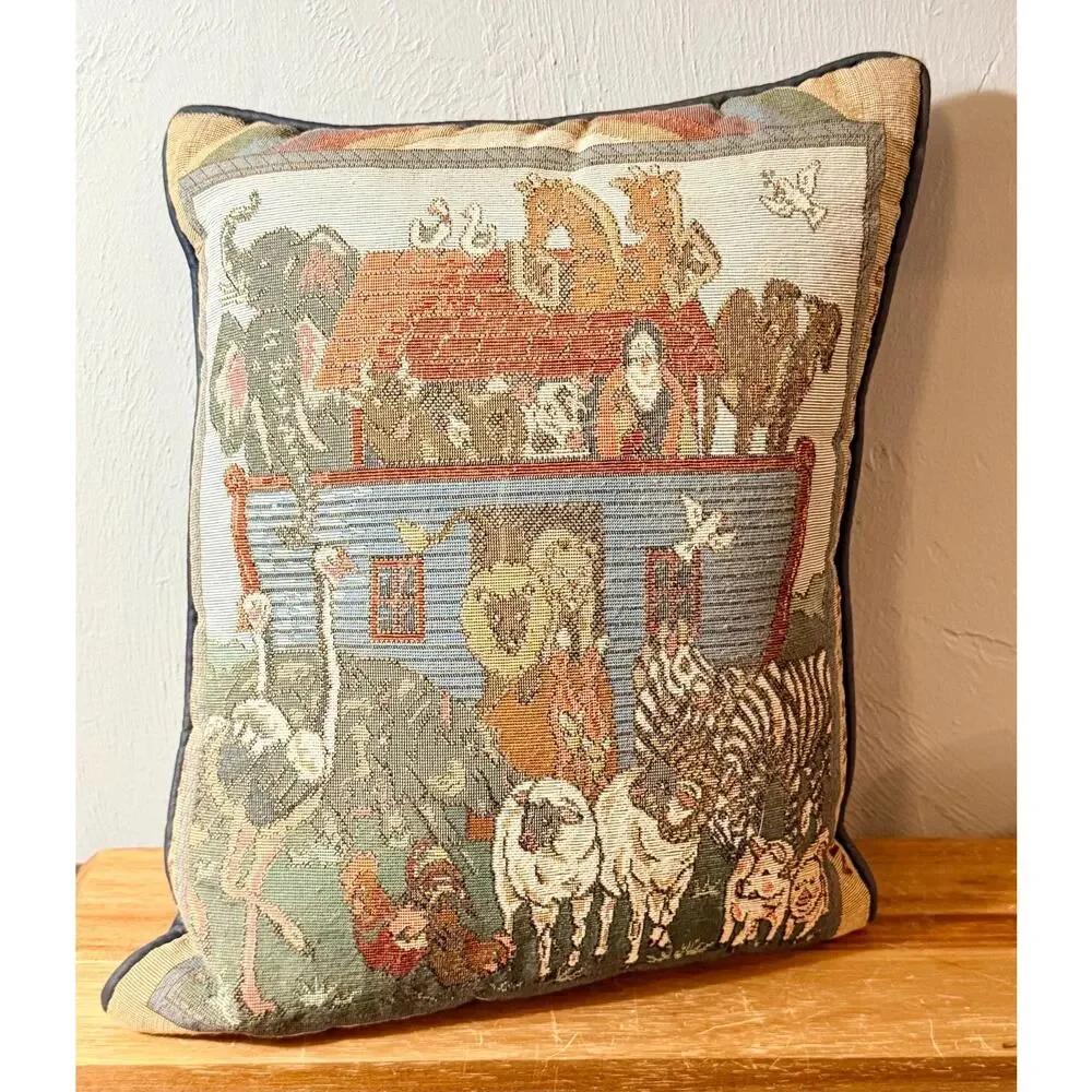 Vintage Noah's Ark Tapestry Pillow | Woven Animal Cushion, Folk Art Decor
